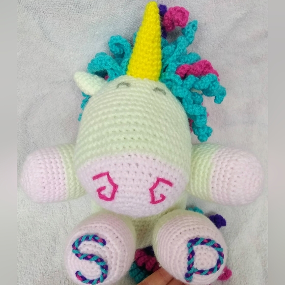 Unicorn plush. Curlicue mane, tail. Customizable initials, colors! Artisan made - Picture 8 of 15